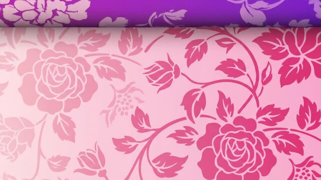 A stack of three rolls of colorful floral patterned paper with varying shades of pink, purple, and blue hues
