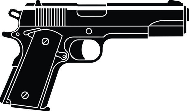 Black handgun silhouette vector illustration, semi automatic pistol side view isolated on white background, detailed firearm clipart icon for security, military, law enforcement design.