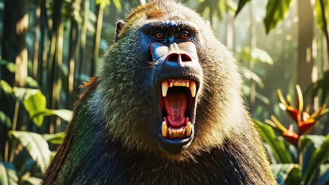 Close-up of a fierce baboon roaring in the jungle.