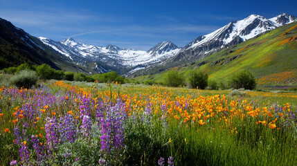 Fototapeta premium Colorful wildflowers in a mountainous valley under clear blue skies
