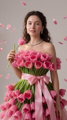 Young woman holding bouquet of pink tulips in floral dress  