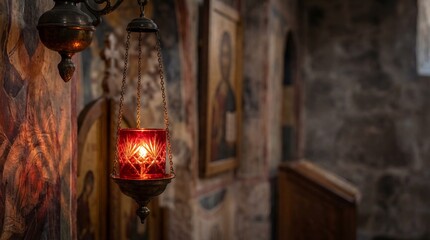 Religious lantern glowing in historic church with icon paintings  