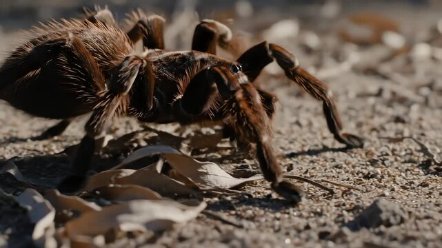Close-up of a large tarantula spider walking on the ground.