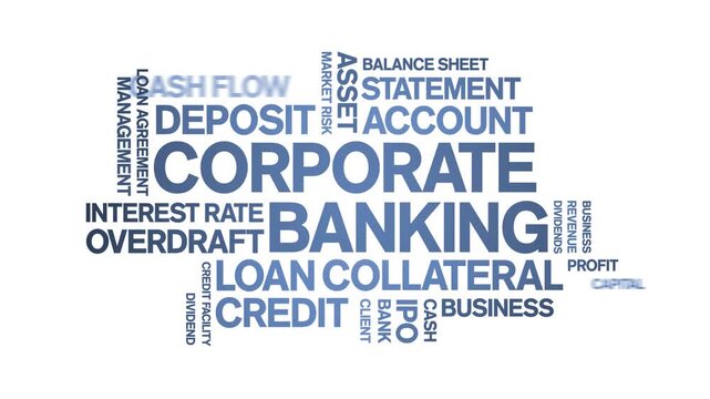 Corporate Banking animated word cloud-text design animation tag kinetic typography seamless loop.
