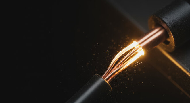 Glowing copper electrical wires emitting sparks against a dark background, symbolizing raw power, electrical energy, and current flow.