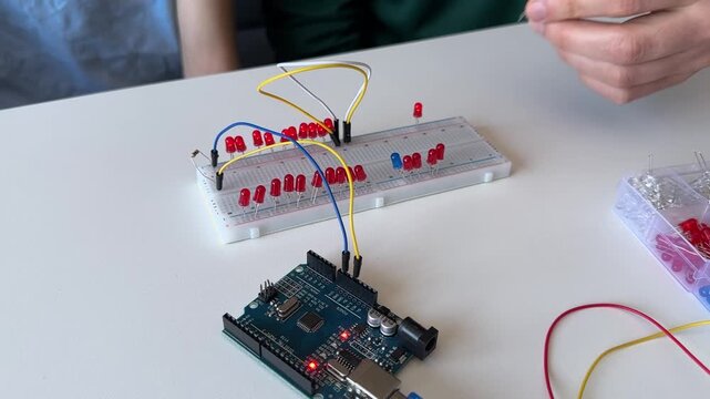 Close up of man building LED circuit on breadboard with microcontroller board and jumper wires