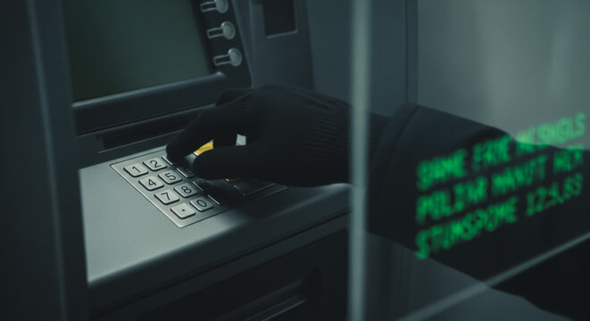 Gloved hand entering PIN on an ATM keypad, with a blurred green digital reflection, symbolizing banking, security, cybercrime, or fraud.