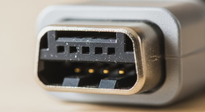 Close-up macro shot of a vintage IEEE 1394 FireWire 4-pin connector plug, showing the internal gold contacts and detailed texture of the port.