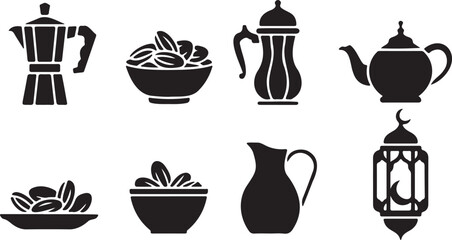 Islamic Ramadan Hospitality Icon Set Featuring Traditional Dates, Iftar Food Bowls, Teapots, and Lanterns