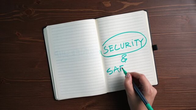 security and safety planning concept with handwritten notes in diary on desk