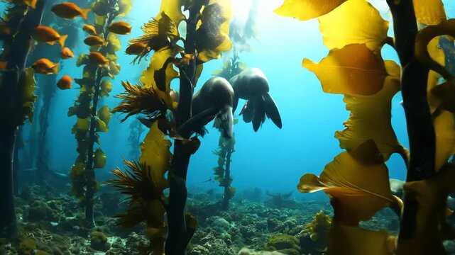 Underwater Kelp Forest with Seals Playing.