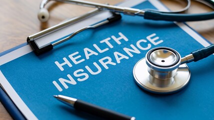 Health insurance policy document with stethoscope and pen on blue clipboard close up