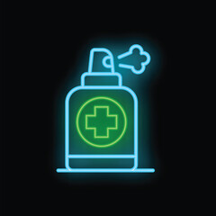 Obraz premium Neon medical spray bottle icon glowing on a black background, great vector illustration for healthcare graphic design projects