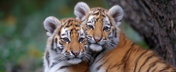 Obraz premium Tiger cubs nestled together affectionately in their natural environment