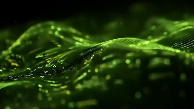 Green Waves Network: A dynamic visualization of interconnected data streams, glowing with vibrant green hues, representing digital fluidity