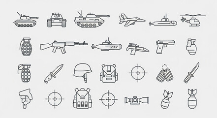 Collection of military equipment and weapons icons in a simple line drawing style. © Kemin