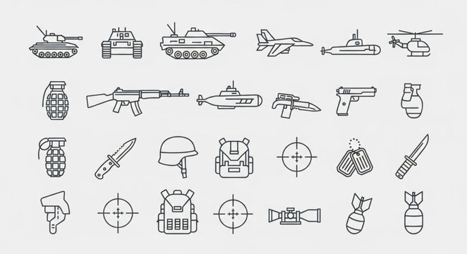 Collection of military equipment and weapons icons in a simple line drawing style.