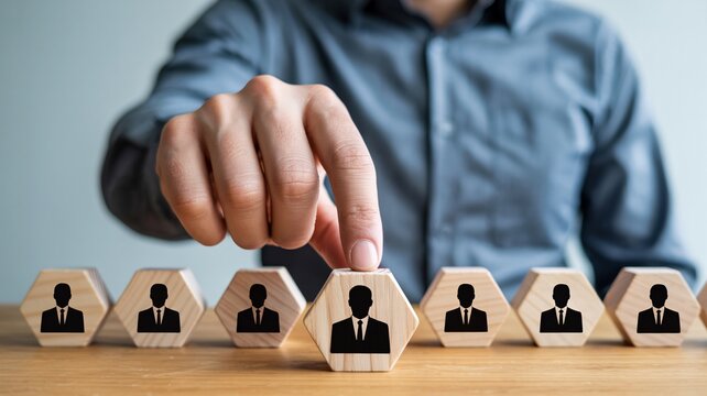 Hr recruitment concept businessman selecting candidate from group of wooden blocks with silhouettes