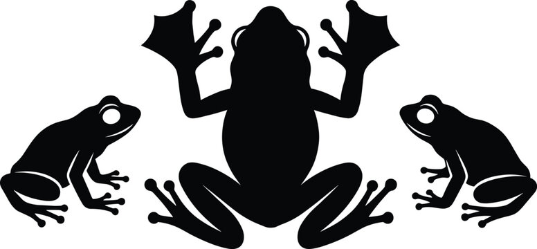 Frog silhouettes collection featuring tree frogs in various sitting and climbing poses isolated on white background, amphibian wildlife illustration set