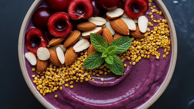 Overhead view of a smoothie bowl with cherries, almonds, bee pollen, and mint