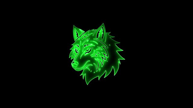 Green Neon Wolf Head Silhouette Against Black Background image photo