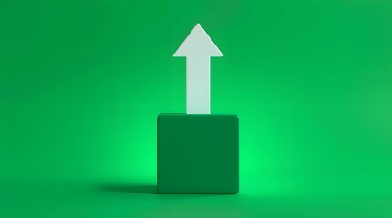 White upward arrow rising from solid cube base symbolizing business growth financial success and performance increase