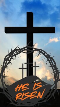 easter religious christian card: he is risen words over background with Golgotha symbolic