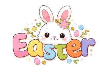 Cute Easter bunny face integrated into colorful lettering