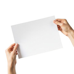 Obraz premium Hands holding a blank white card isolated on transparent background