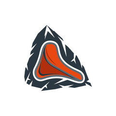 An isolated graphic illustration of an orange climbing hold against a dark, jagged mountain peak