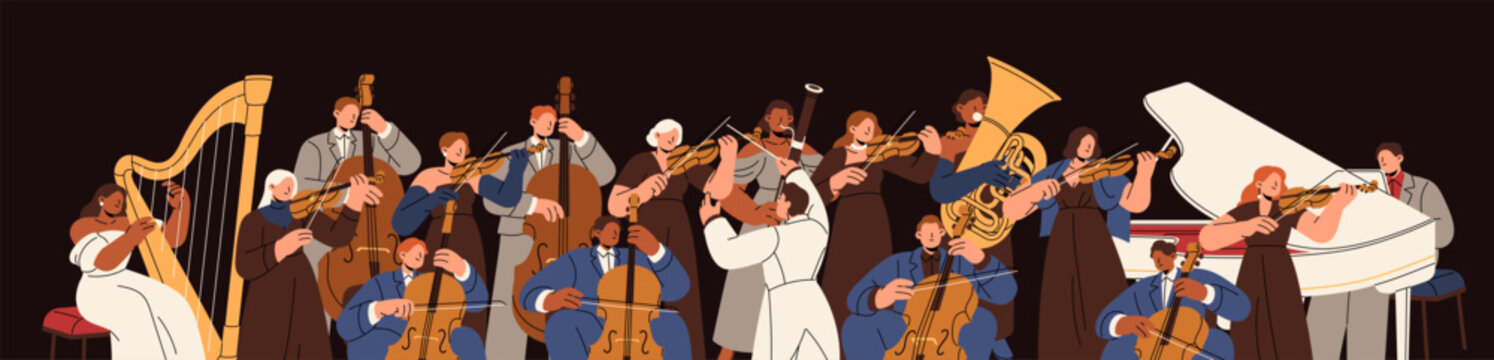 Symphony orchestra with maestro play concert on stage of philharmonic theater. Group of symphonic musicians performs with musical instruments: piano, violin, harp. Flat isolated vector illustration.