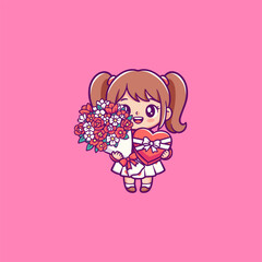 Girl Holding Flowers and Heart Chocolate