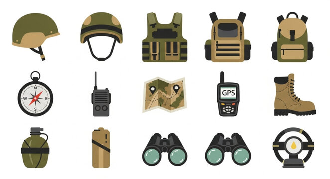 Collection of military equipment and survival gear icons.