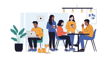 Fototapeta premium Group of diverse colleagues and friends socialize and work together in a modern cafe or co-working space with laptops, coffee, and a pet dog.