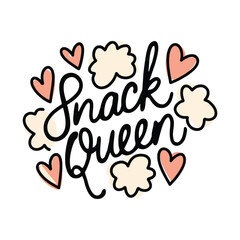 Obraz premium Snack Queen text surrounded by small hearts and cloud shapes illustrates.