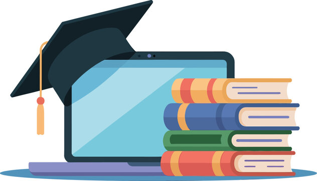 Online Education Icon: An online education icon featuring graduation cap atop a laptop and books stacked next to it, representing e-learning and academic pursuit.