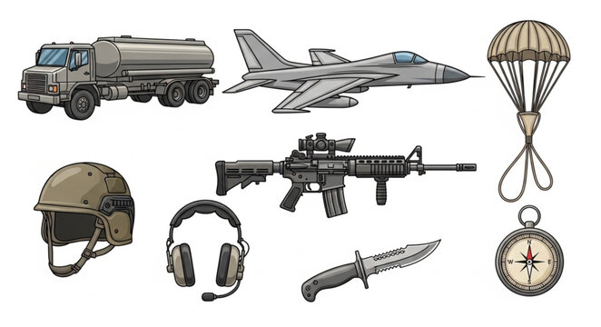 Collection of Military Equipment and Gear Illustration.