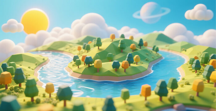 Low poly island with river and trees
