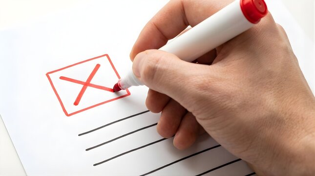 Hand holding red marker marking checkbox with a big X