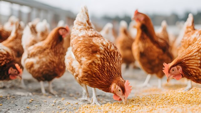 A group of chickens are eating corn