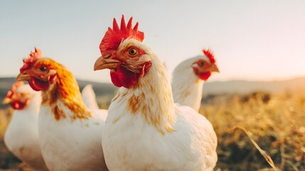 Three chickens are standing in a field, one of which has a red comb
