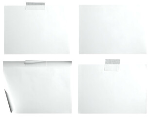 Four blank white papers, each taped to a surface, two with tape strips