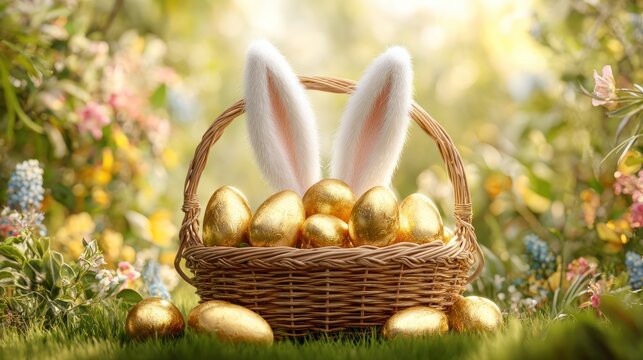 A basket of gold Easter eggs in a garden setting.