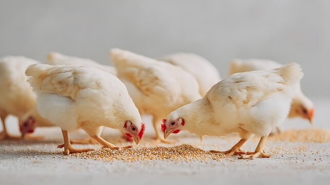 A group of chickens are eating grain on a table