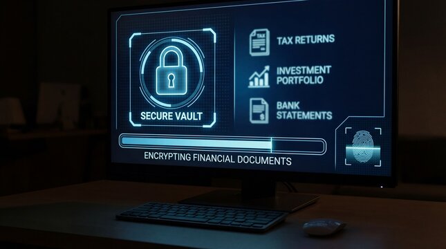 Close up view of a secure digital vault interface displaying financial documents on a screen in a dimly lit environment