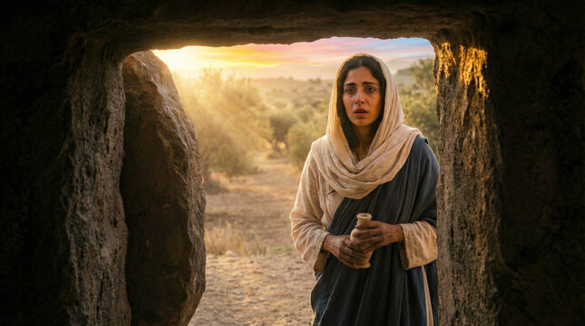 Mary Magdalene entering the empty tomb with an expression of wonder at sunrise