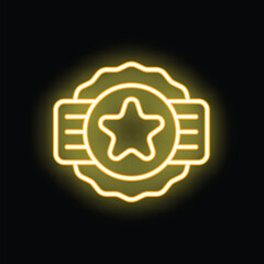 Fototapeta premium Yellow neon icon of a guarantee seal featuring a star, symbolizing high quality and customer satisfaction
