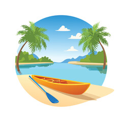 Fototapeta premium Cartoon scene of a kayak on a sandy beach with palm trees