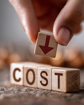 Cost Reduction: A hand places a block with a downward arrow on top of the word COST, symbolizing the concept of cost-cutting. Emphasizing the importance of financial efficiency. 