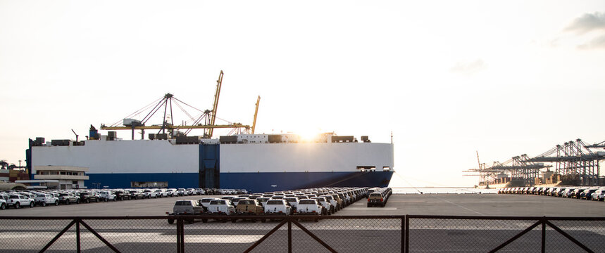 Close up vehicle carrier vessel loading car for shipping to worldwide, Large RoRo (Roll on off) vehicle car carrier, New car lined up in the port for import export around the world.